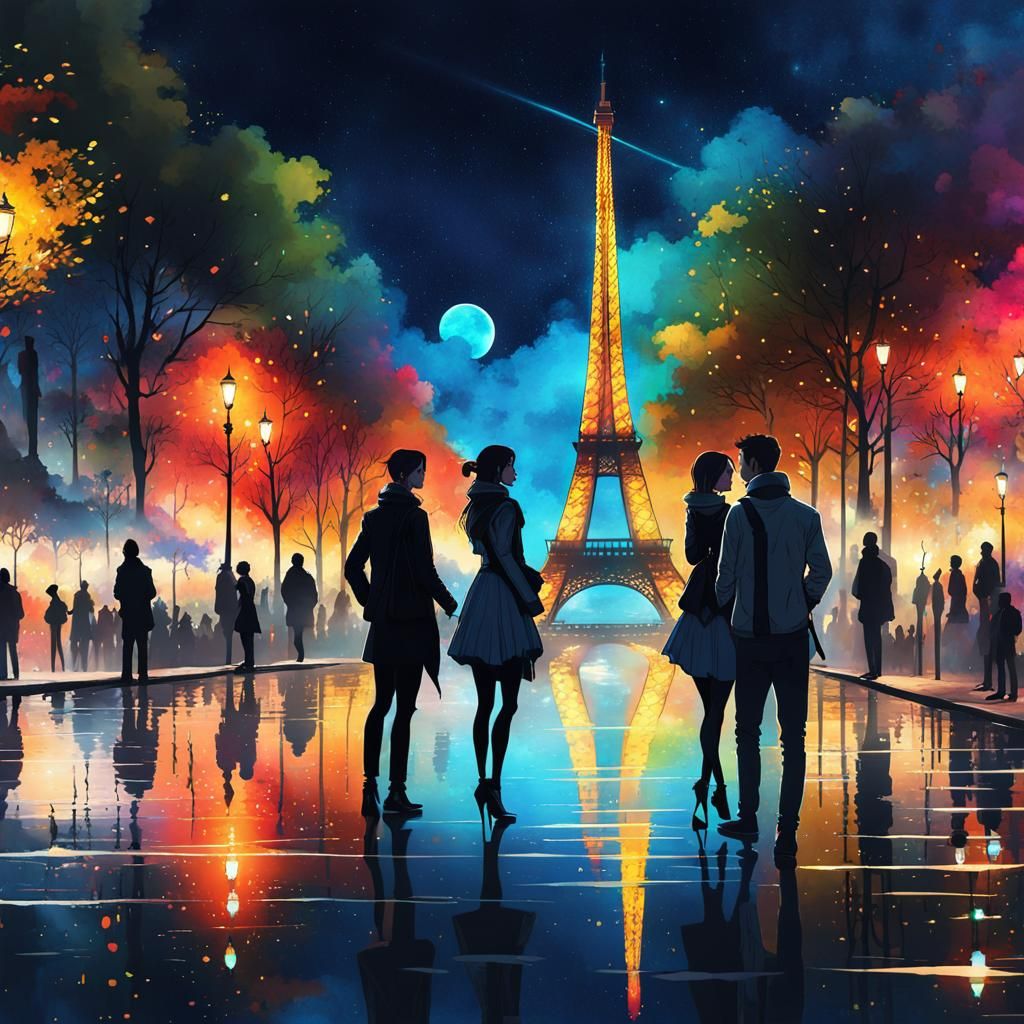 Anime Silhouettes Dancing Before Eiffel Tower
