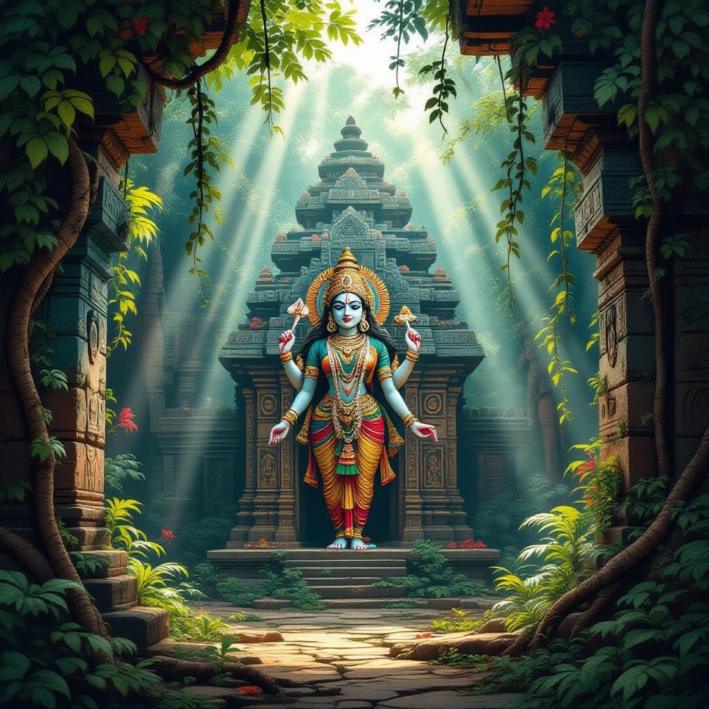 Goddess Kali Temple in Vibrant Indian Folk Art Style