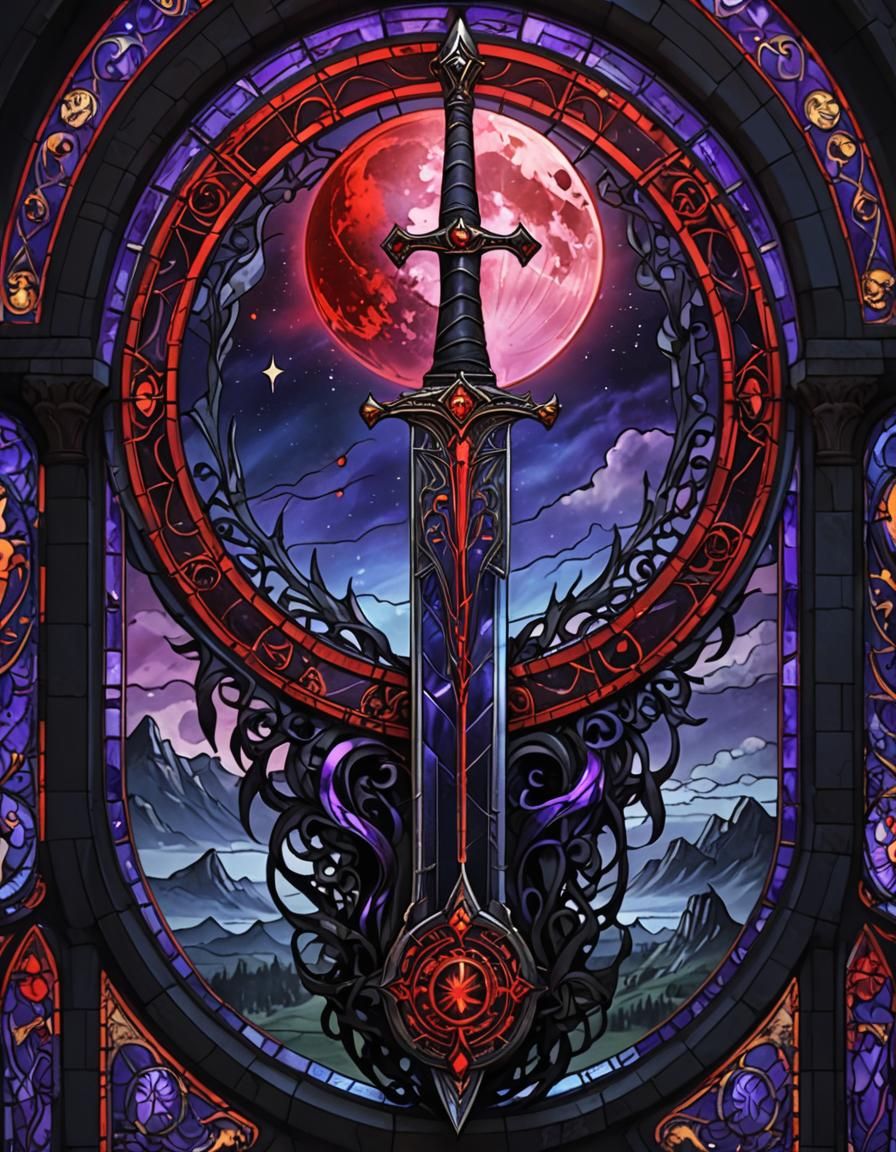 Stained Glass Black Sword with Glowing Runes