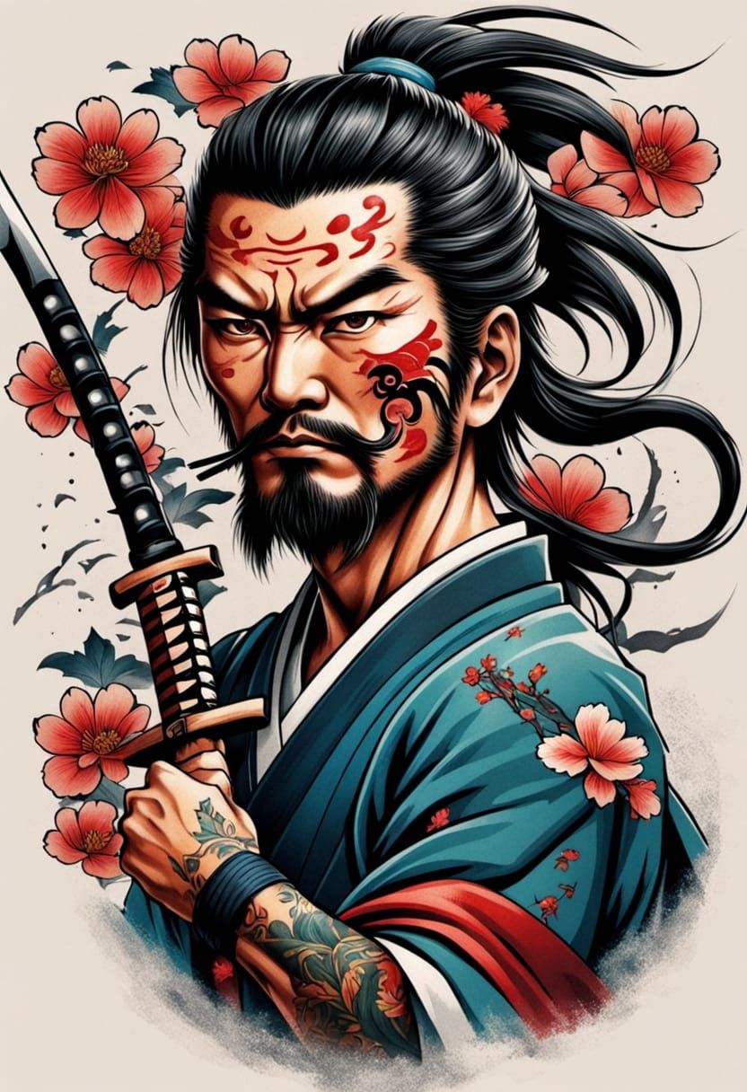 Samurai Katana in Neo-Traditional Japanese Tattoo Style