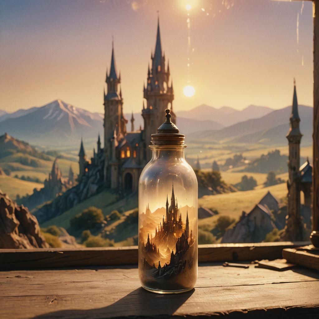 Fantasy World Trapped in Glass Bottle: Watercolor Film Still