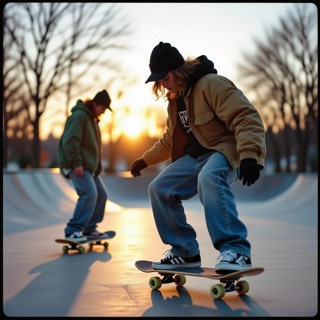 Teens Skateboarding in 1990s Golden Hour