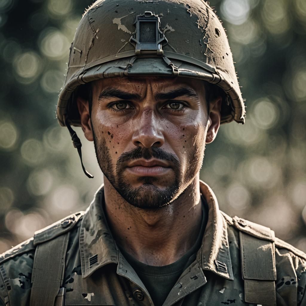 Photorealistic Soldier Portrait with Intense Gaze