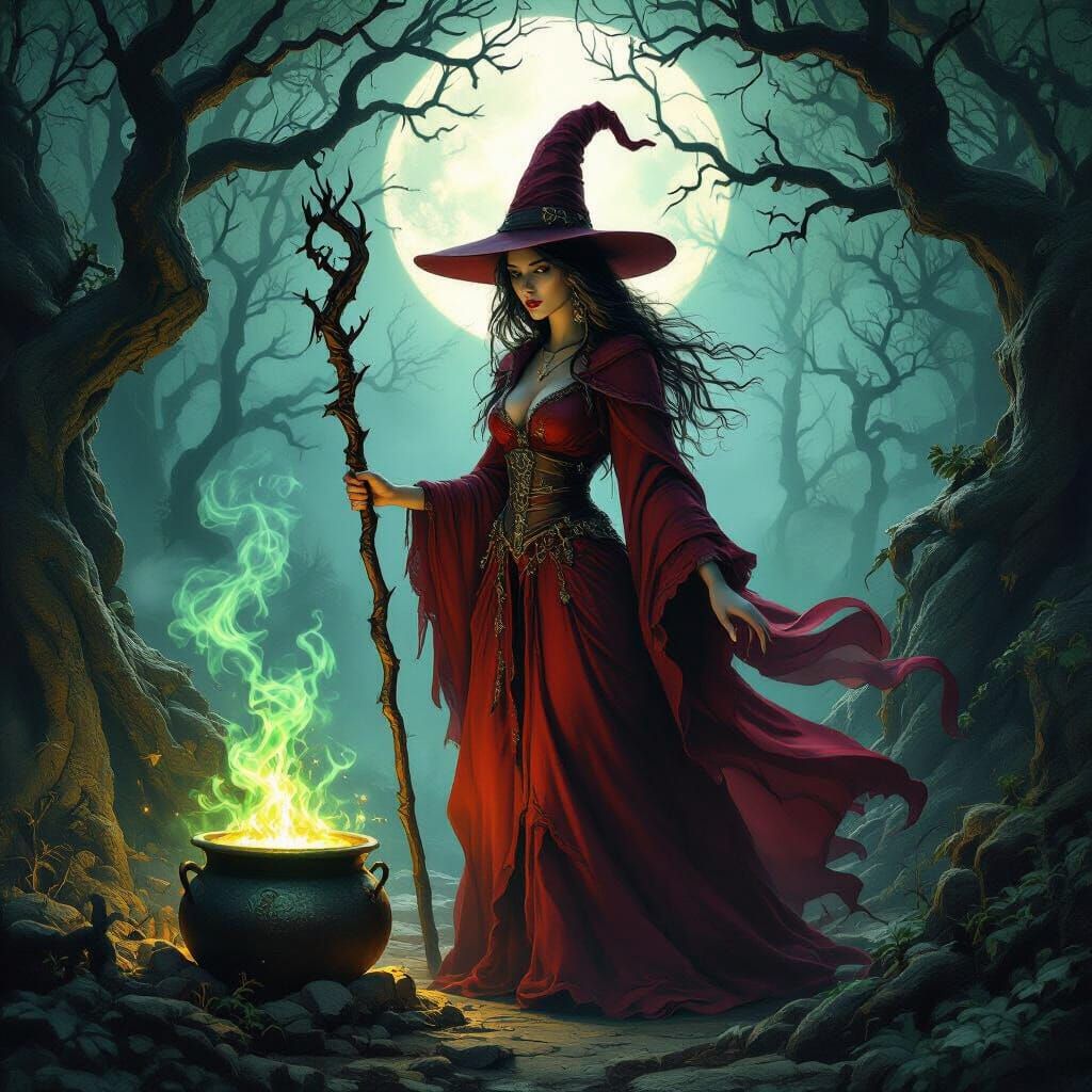 A witch is standing in a forest over a pot making a ption