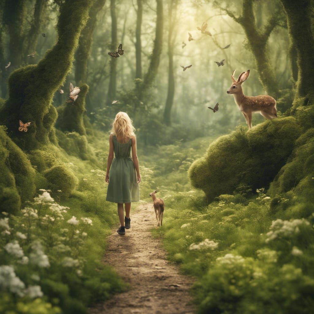 Girl Walks Forest Path in Digital Matte Painting
