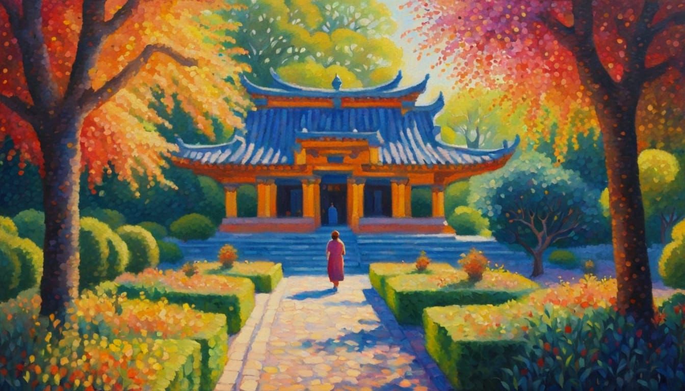 Woman in Temple Garden: Impressionist Pointillism