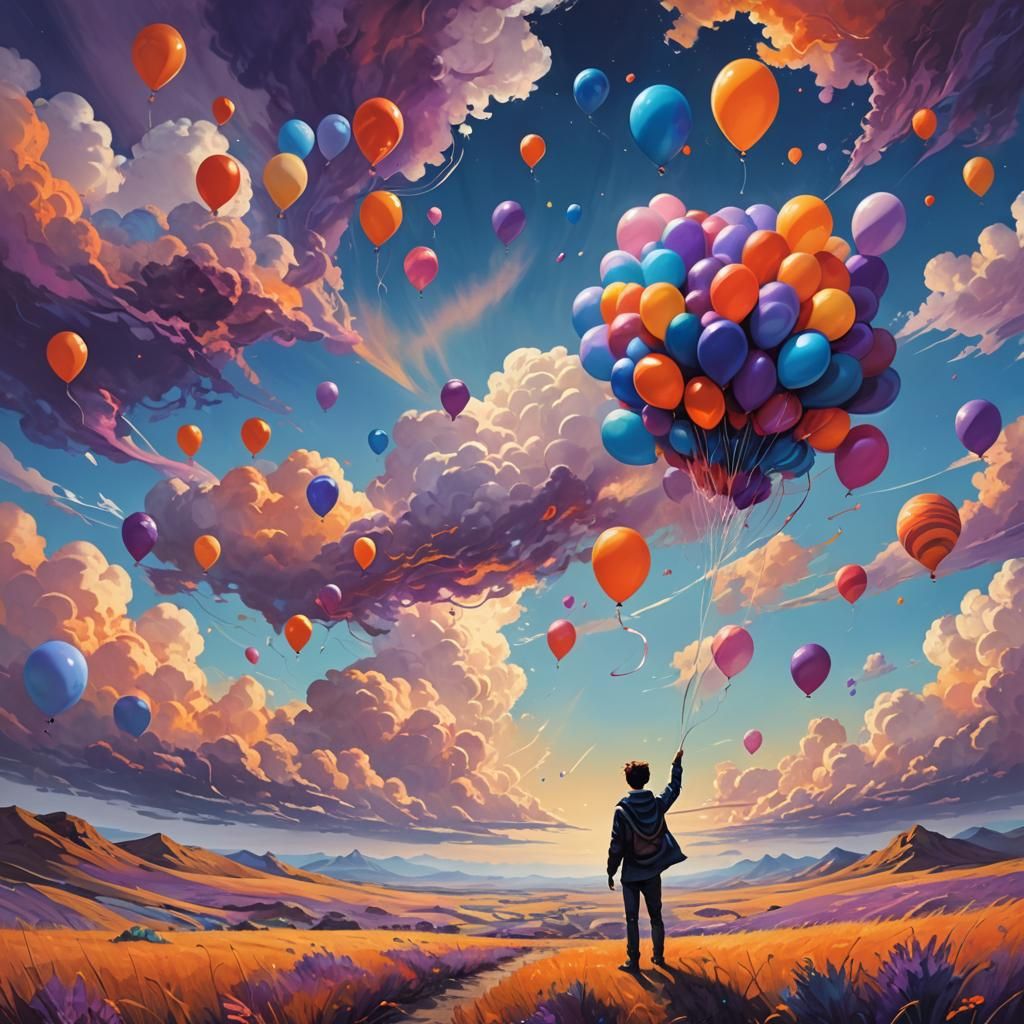 Dreamlike Fantasy: Person with Balloons in Surreal Landscape
