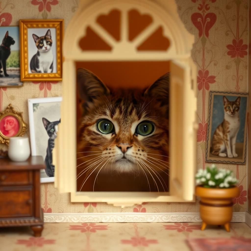 Cat Peeks Through Dollhouse Window