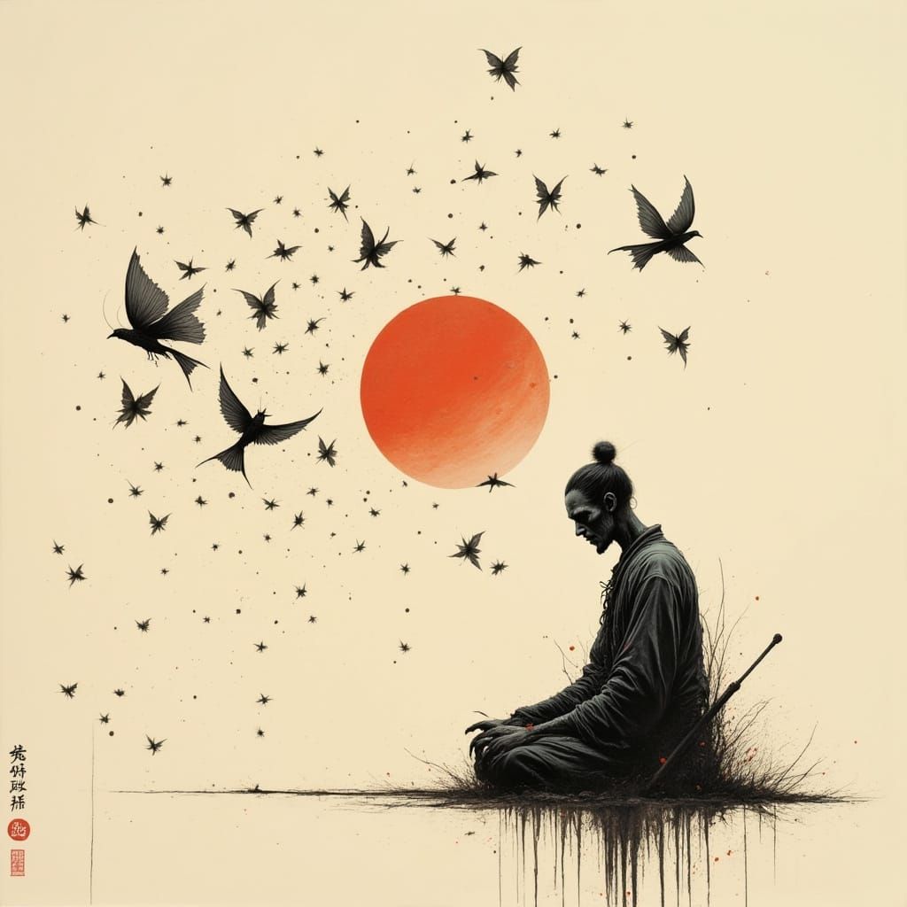 Samurai Meditating Under Bloodmoon in Ink Wash Style