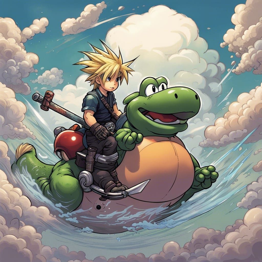 Cloud Strife and Yoshi in Comic Book Art
