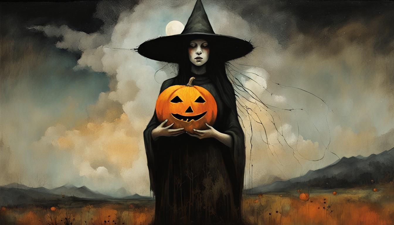 Surreal Witch Portrait with Jack-o-Lantern