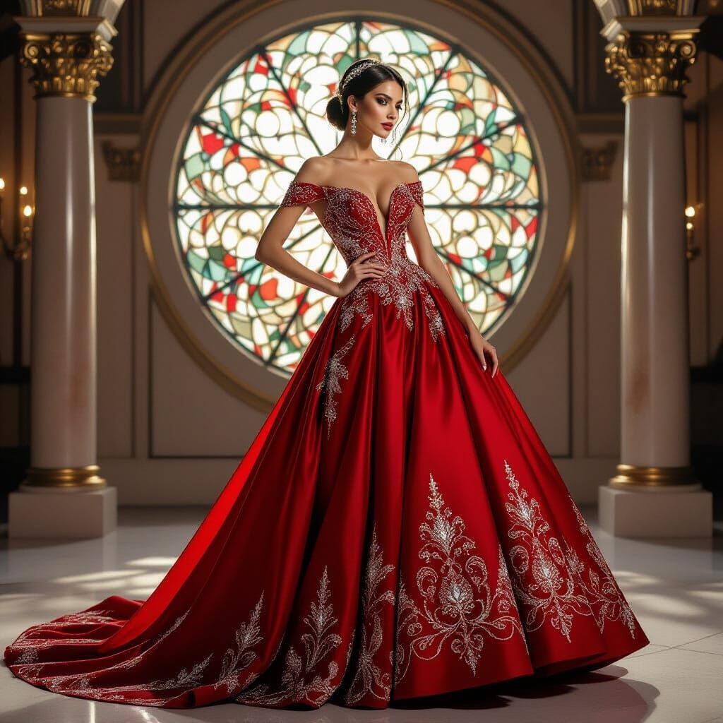 Elegant Woman in Red Gown, Art Nouveau Style
