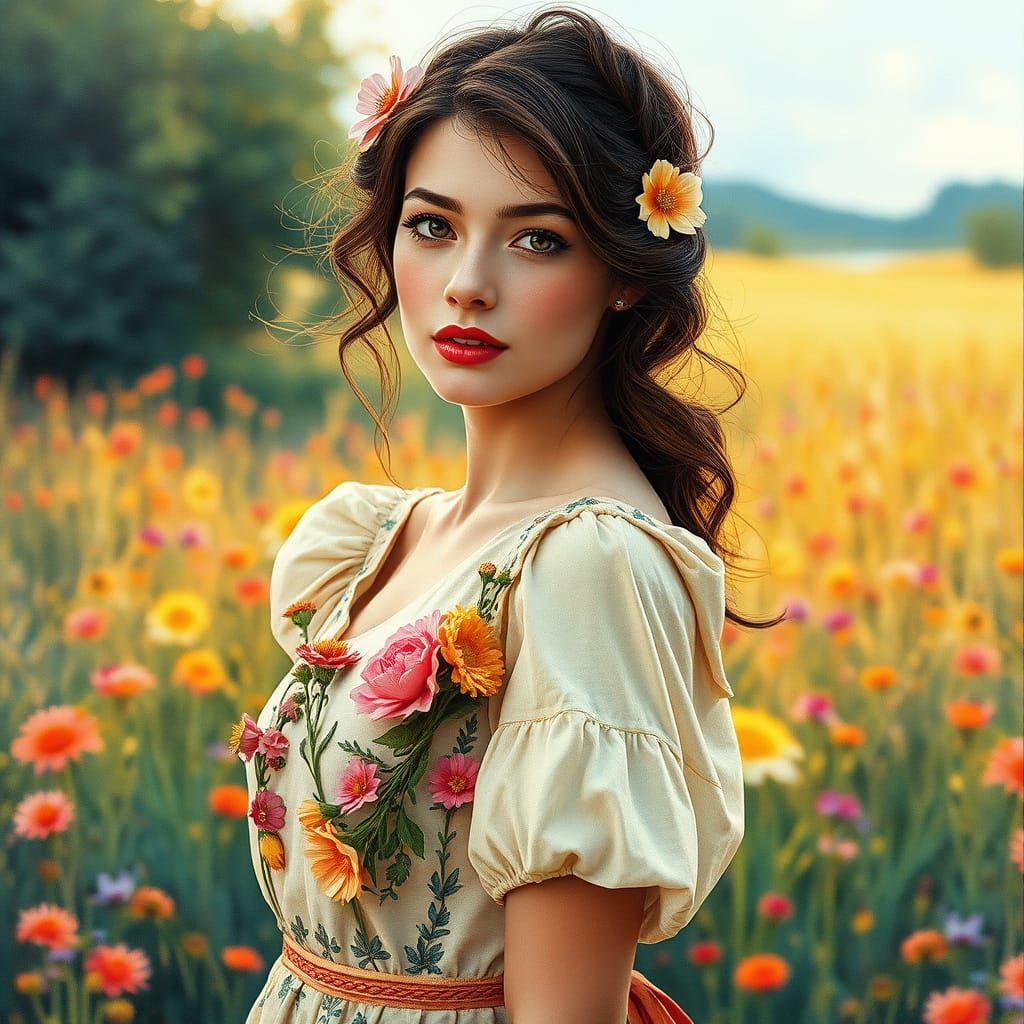 Brunette in Vintage Outfit on Summer Meadow