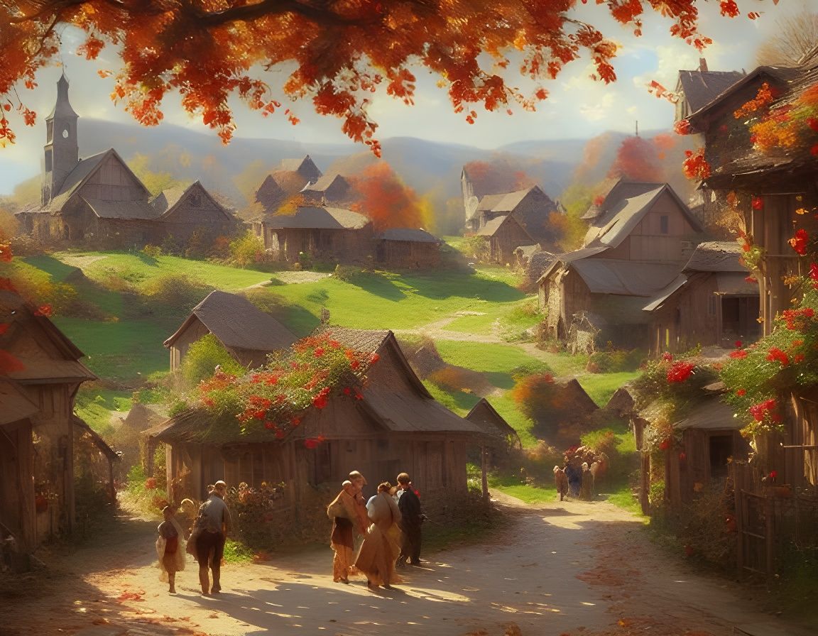 Rural Village Autumn Feast: An Oil Painting Masterpiece