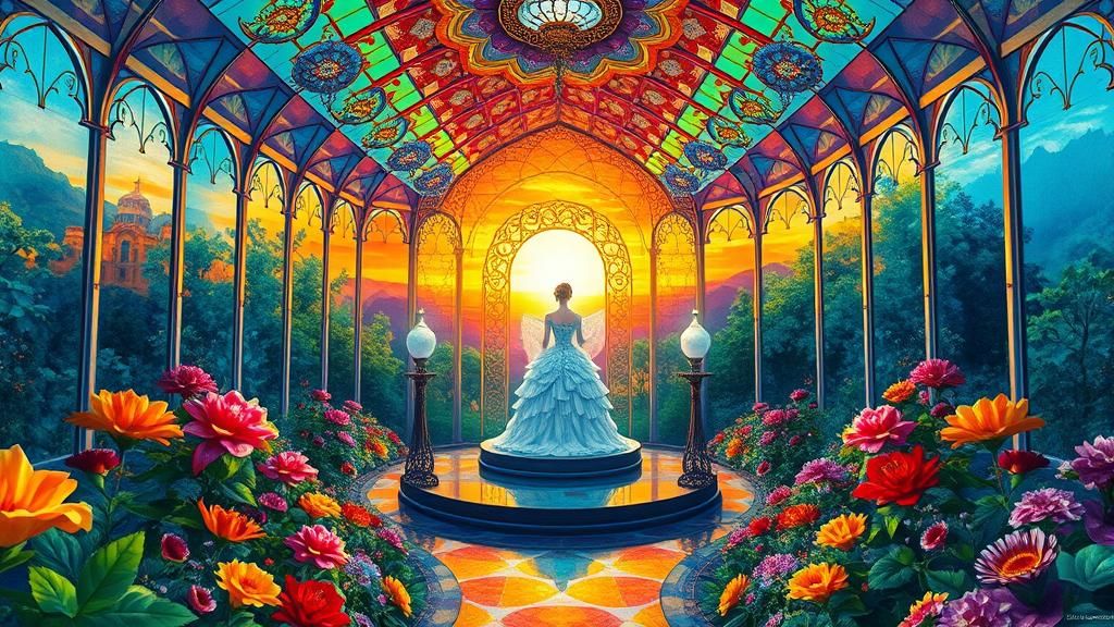 Mystical Queen in Lucite Palace: Celestial Sunset Art