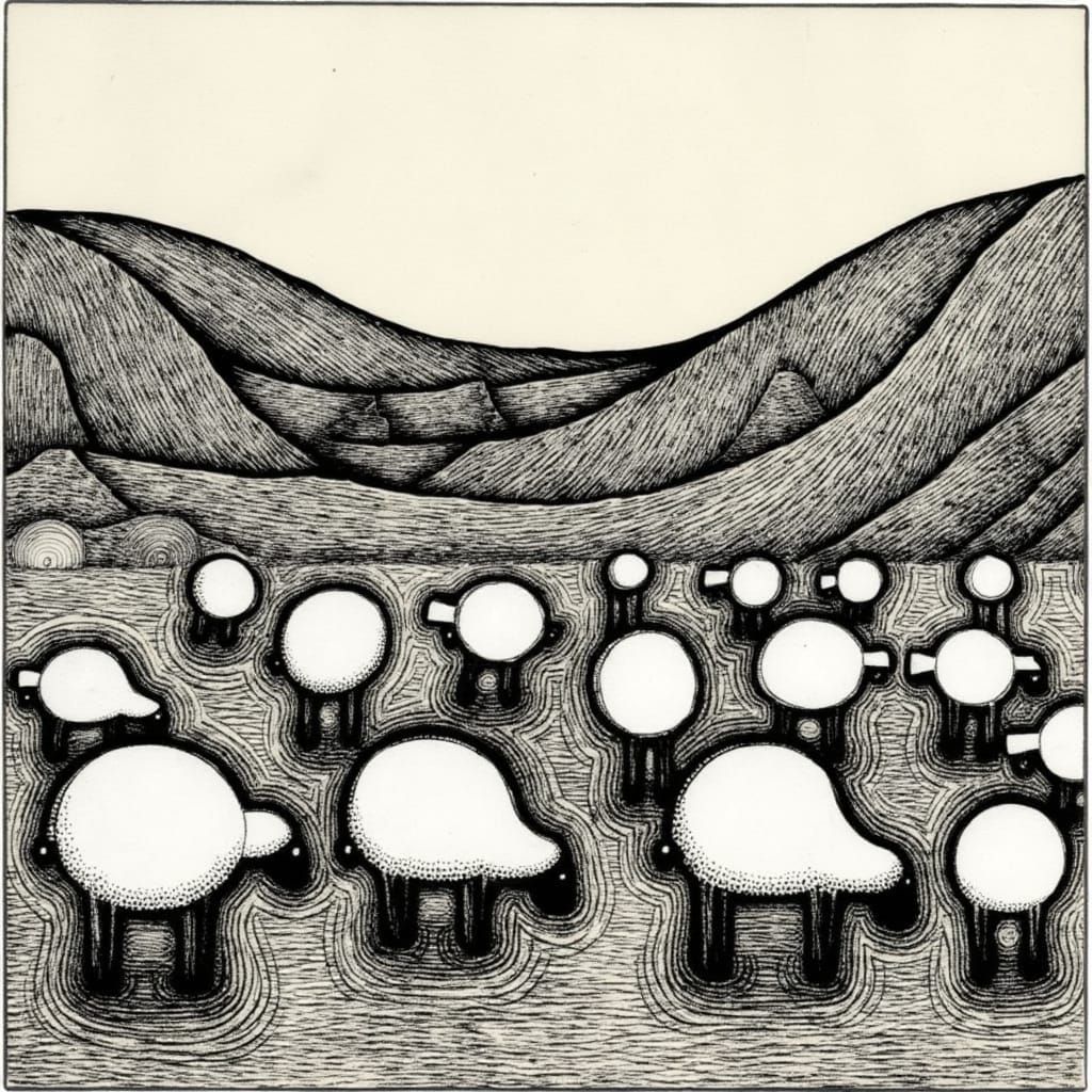 Serene Nordic Landscape with Sheep in Traditional Rîthmöglyp...