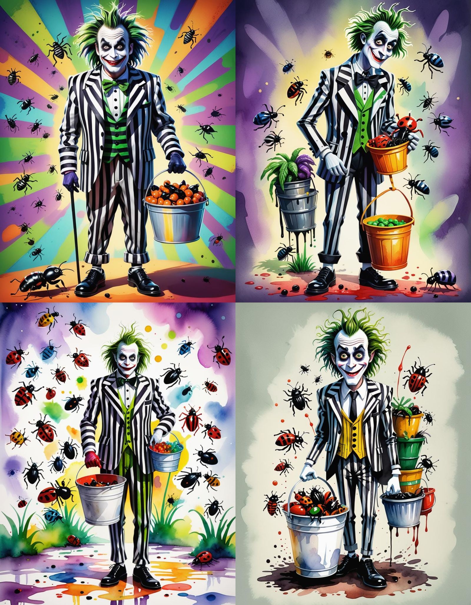 Beetlejuice Cartoon Character with Beetles in Watercolor Sty...