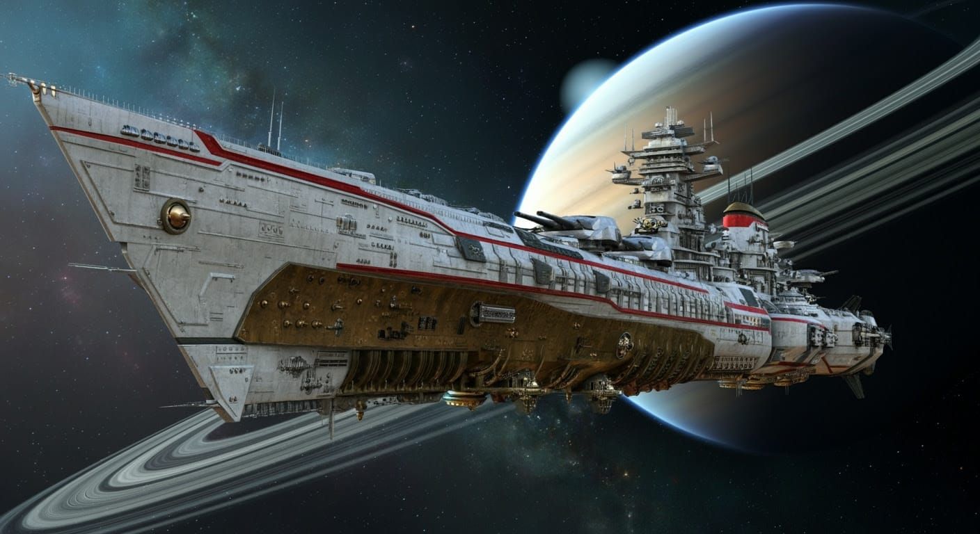 Steampunk Space Battle Cruiser Over Ringed Planet