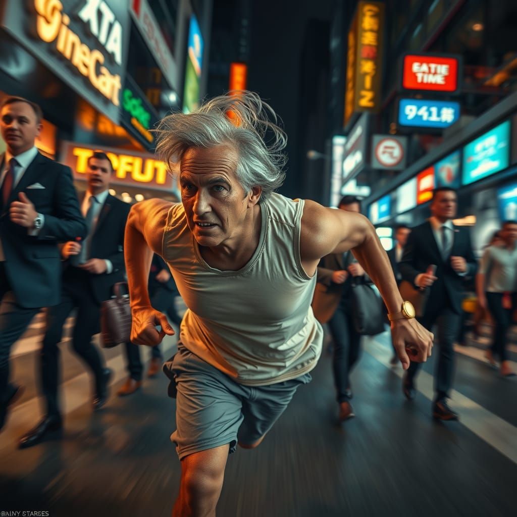 Hyperrealistic Caricature: Elderly Man's Lightning Run