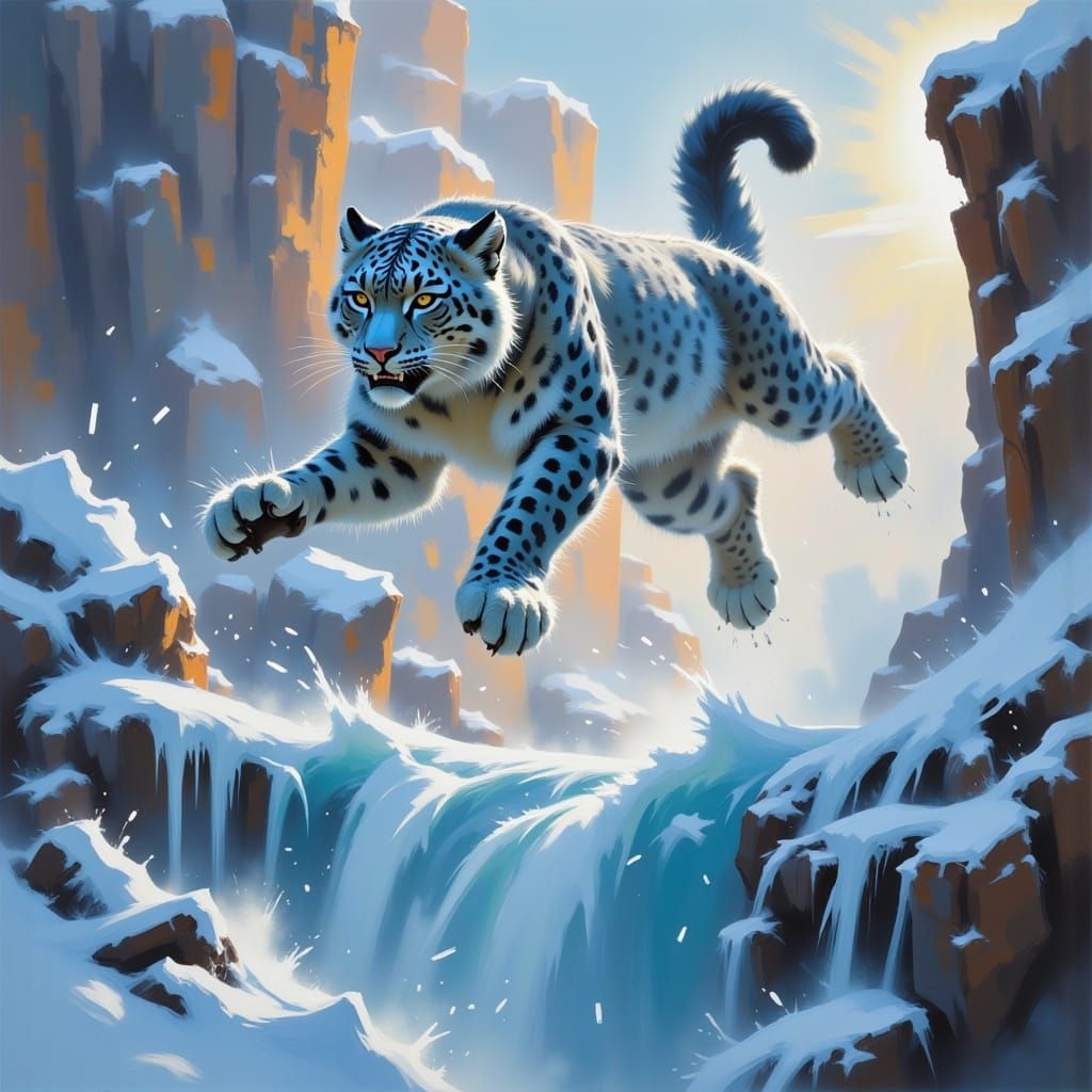 Ethereal Snow Leopard Leaps Across Frosty Chasm in a Dramati...