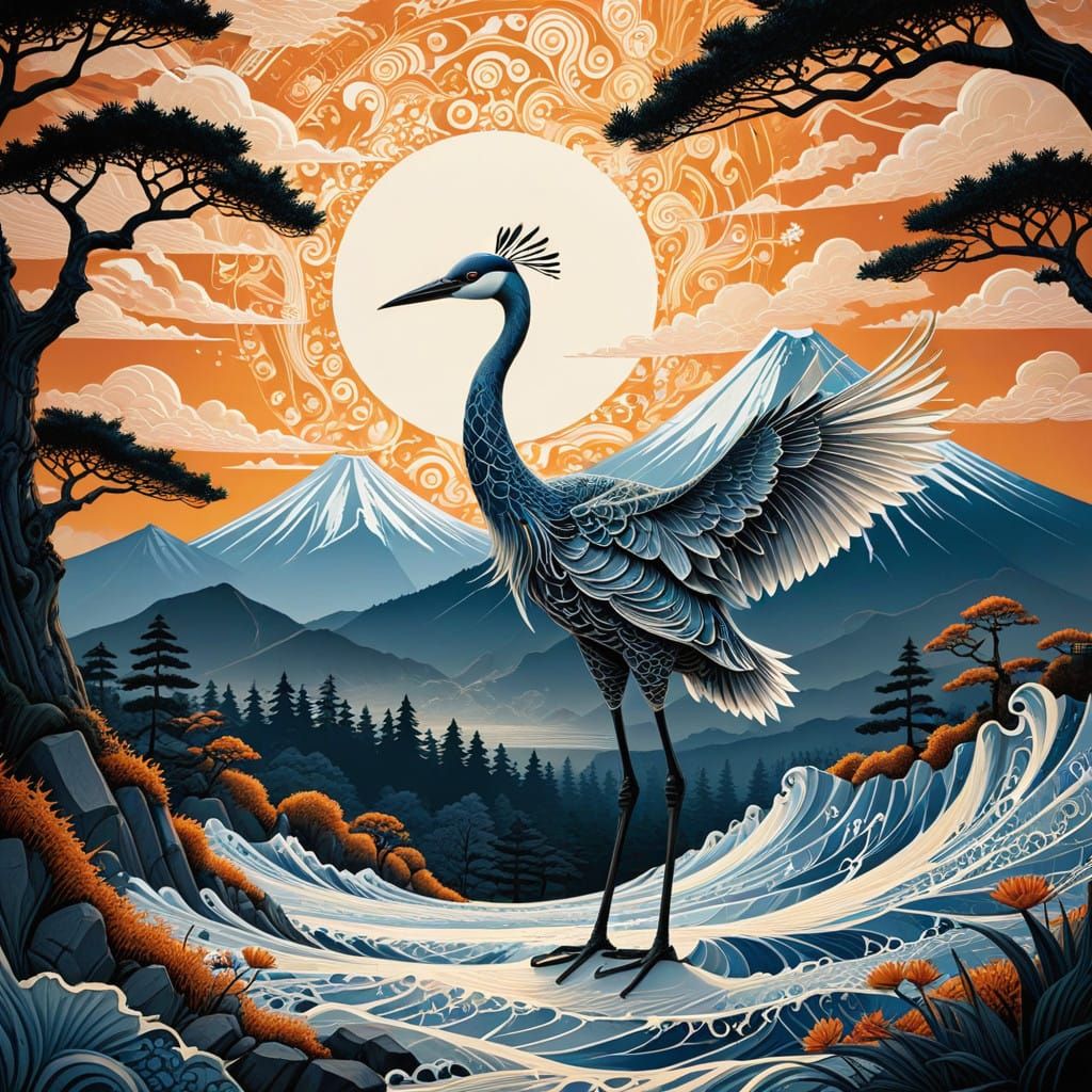 Ethereal Sunset Crane Silhouette against Mt Fuji in Zentangl...