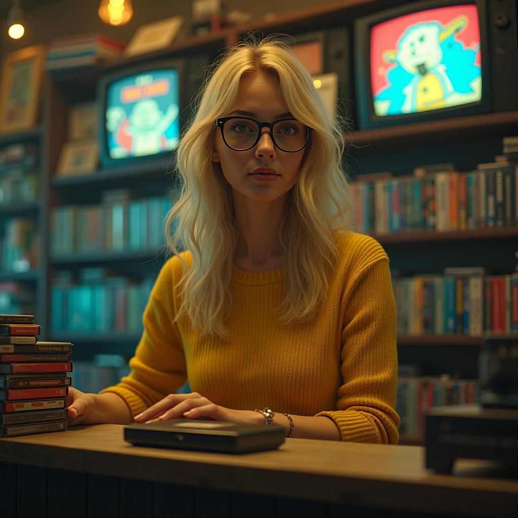 Woman in Mystical Video Store, Matte Painting Aesthetic