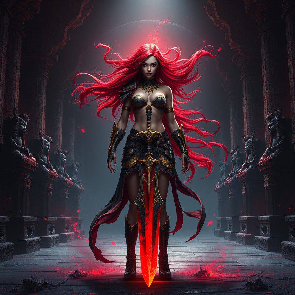 Crimson Bladebearer in Ancient Temple: Matte Painting