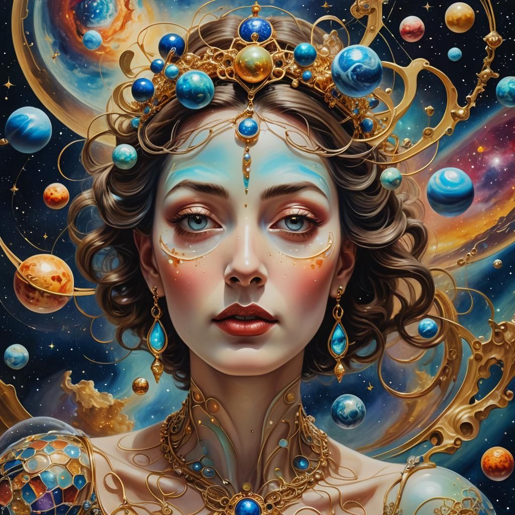 Cosmic Empress with Planetary Necklace in Space