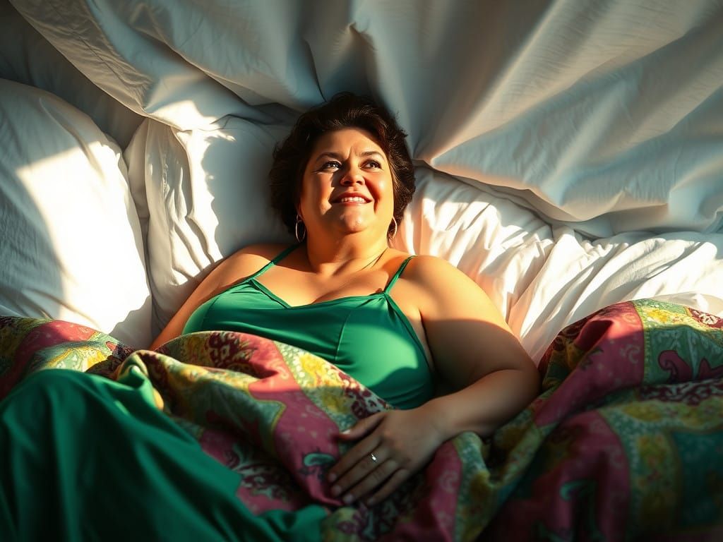 Beautiful Woman Relaxing in Bed, Surrounded by Colorful Quil...