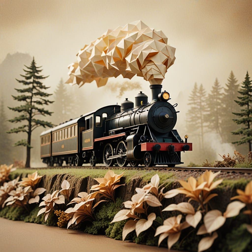 Vintage Steam Engine Train in Delicate Papercraft Style