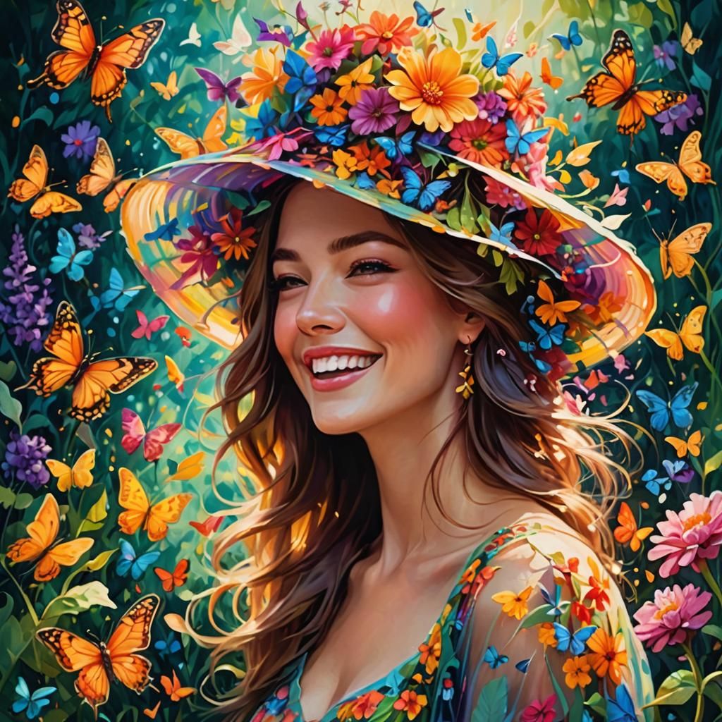 Woman in Floral Hat in Whimsical Garden