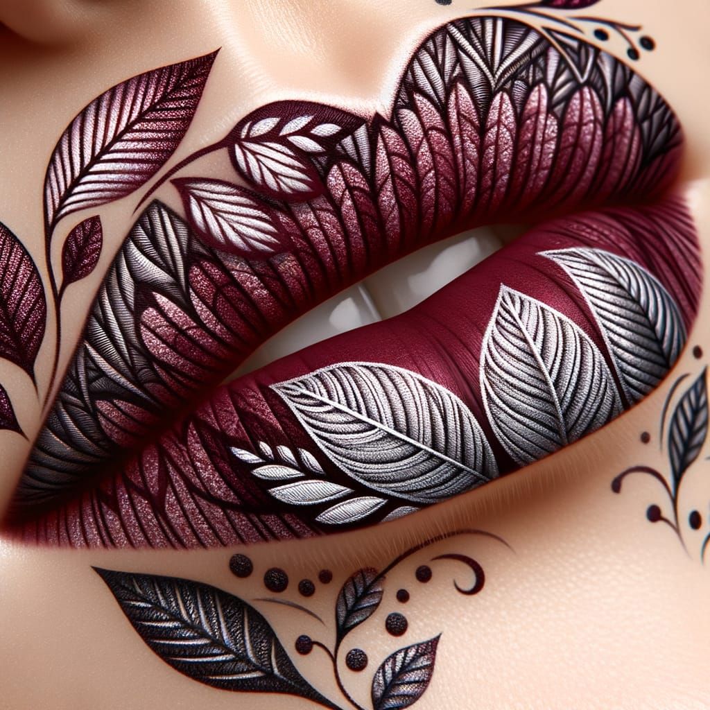 Lip Art in Deep Maroon with Nature-Inspired Design