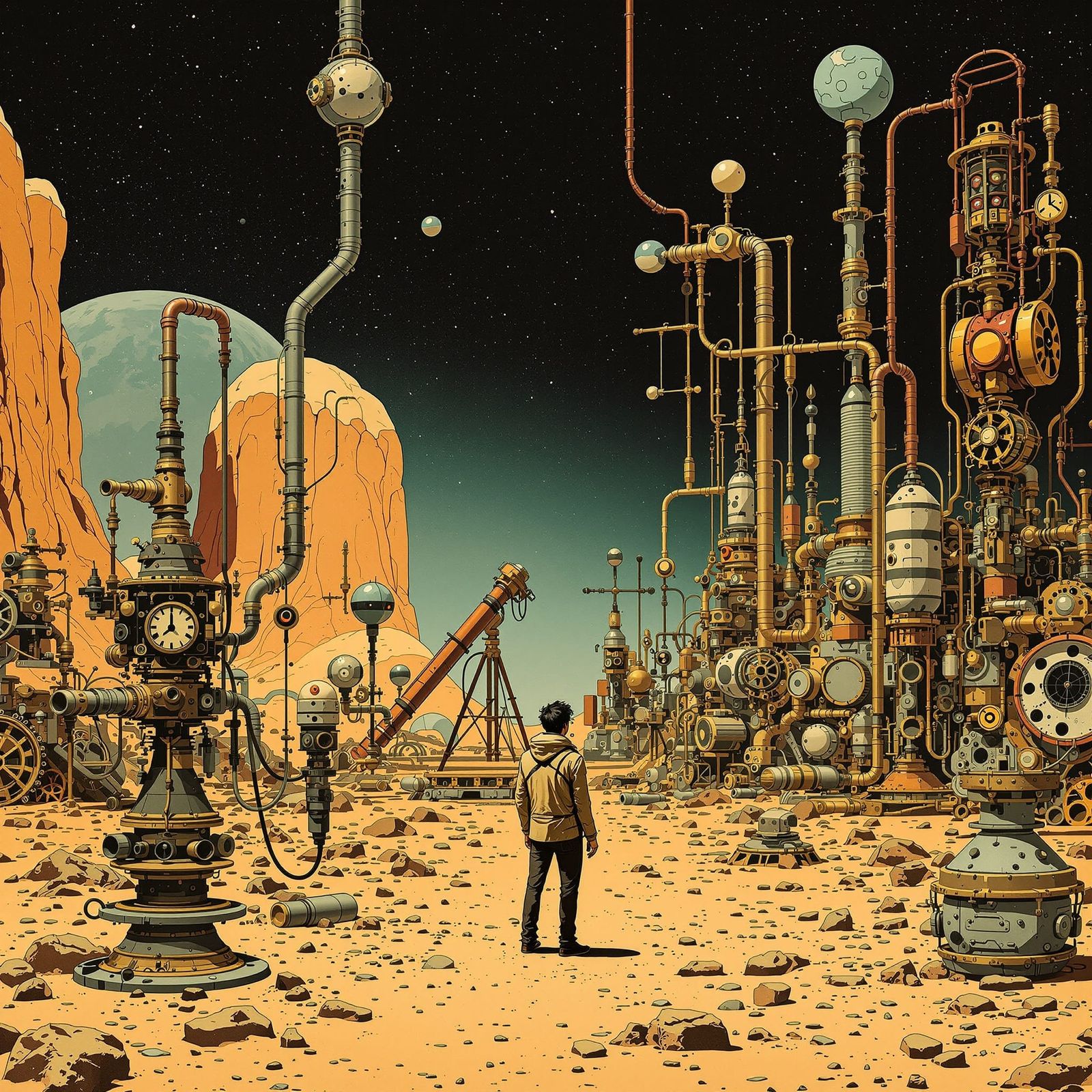 Whimsical Martian Inventor with Heath Robinson Device