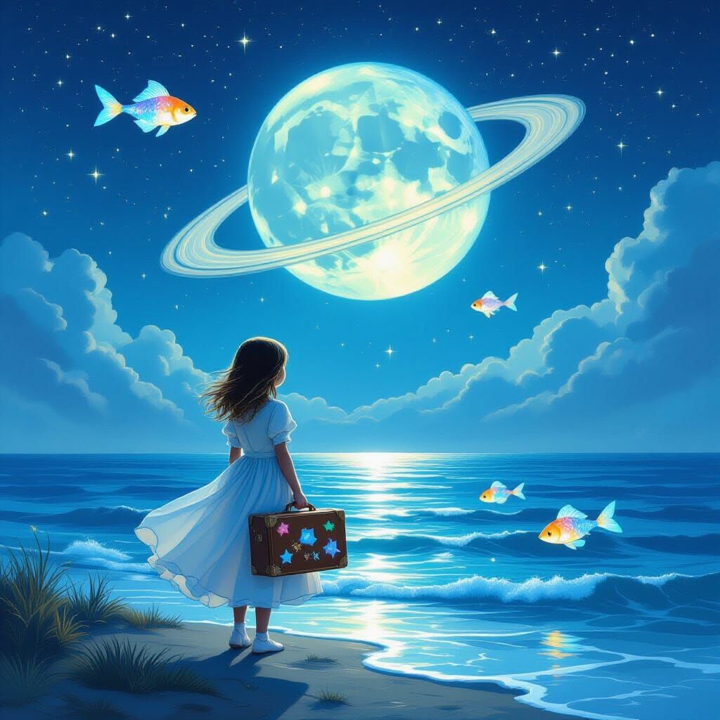 Girl in Cosmic Dress Gazes at Neptune's Rings