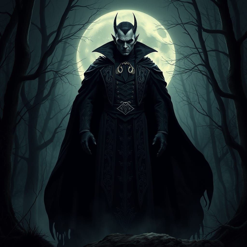 Ominous Dracula in Misty Transylvanian Forest