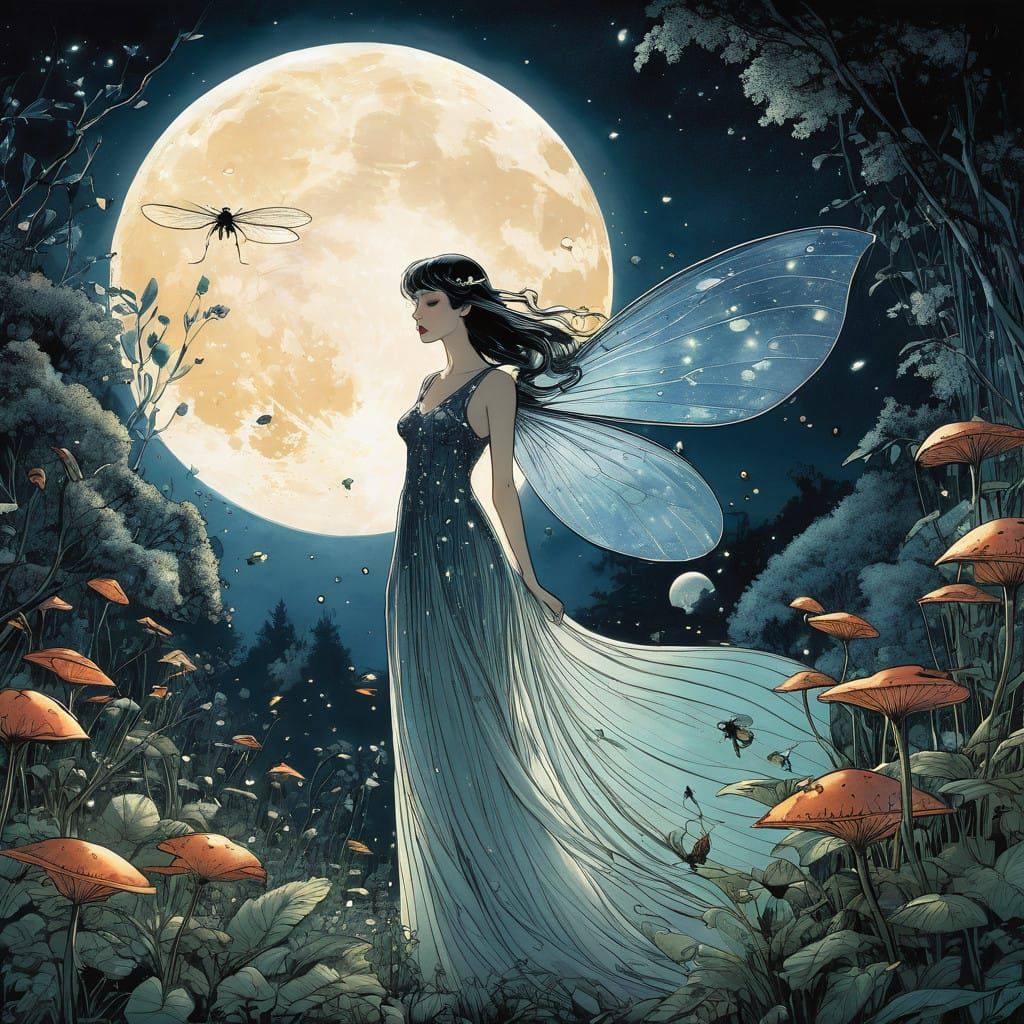 Sensual Fairy Queen in Enchanted Night Garden