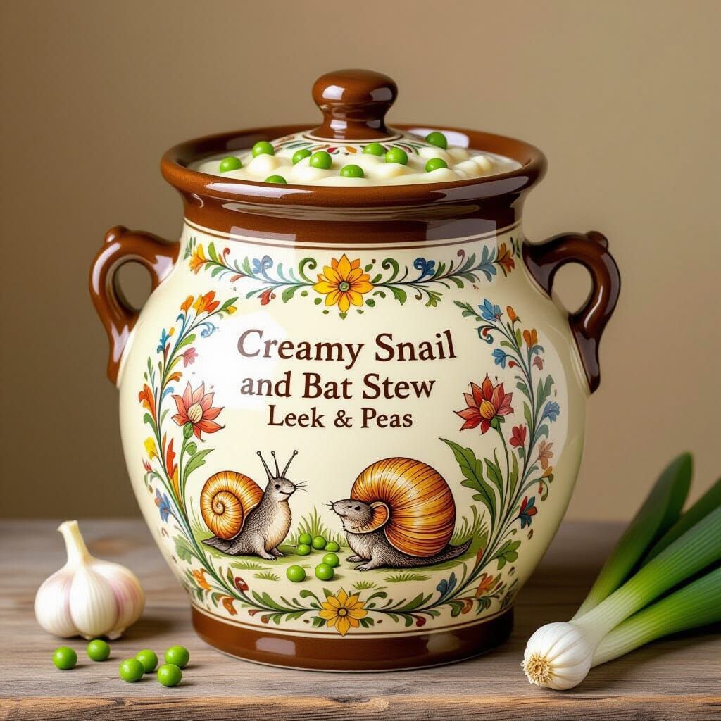 Ornate Jar of Snail and Bat Stew, Folk-Art Style