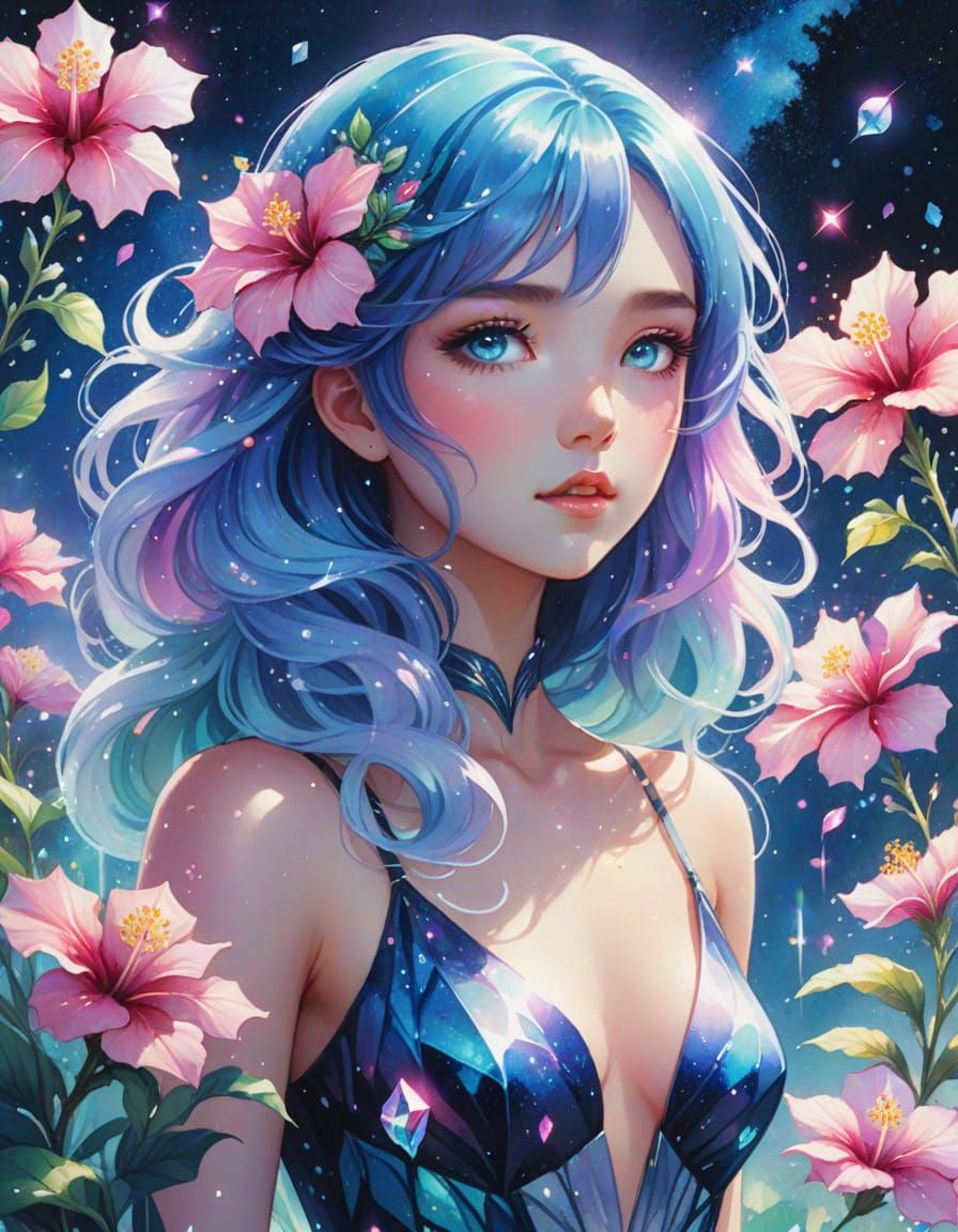 Ethereal Stardust Anime Woman in Watercolor Style