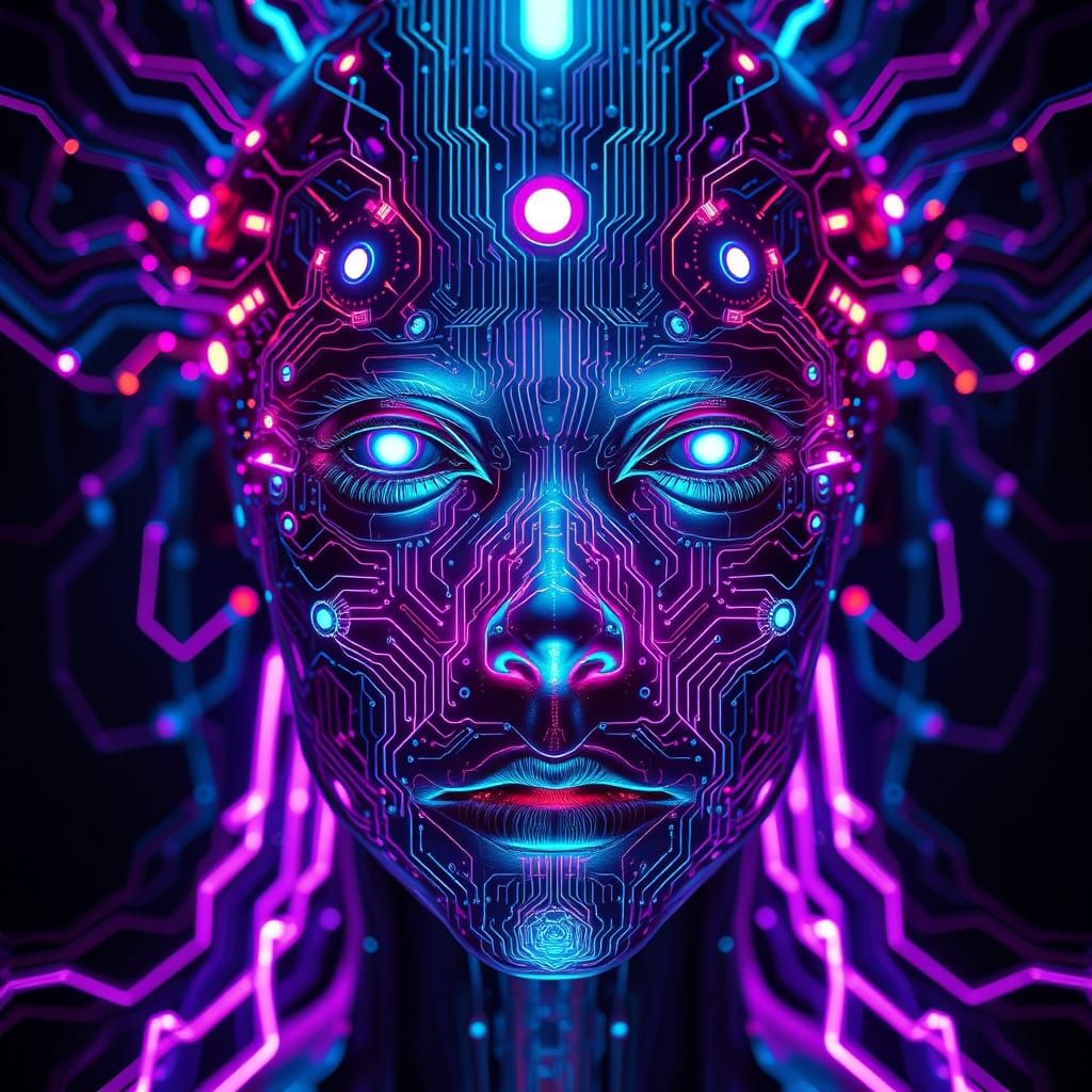 Ethereal Face of Digital Consciousness in Cyberpunk Style