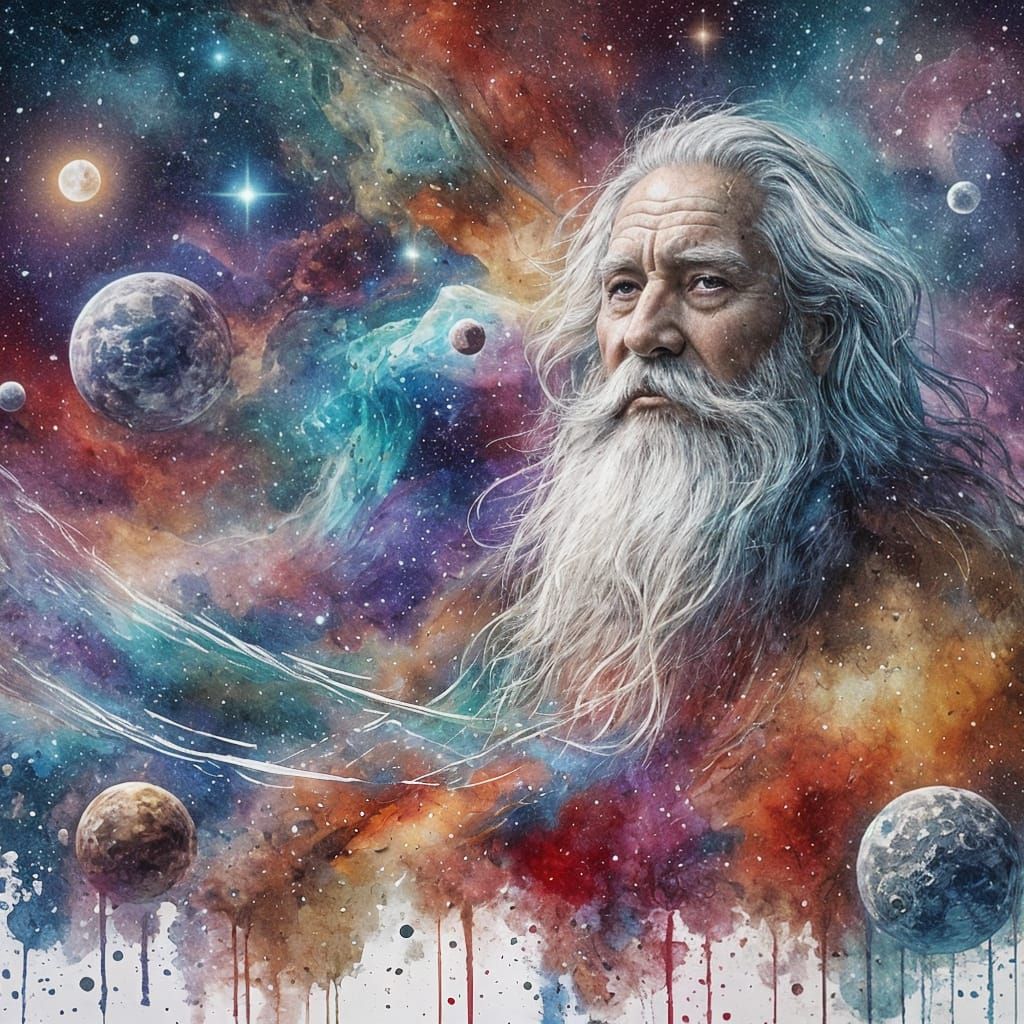 Father Time Overseeing a Watercolor Universe
