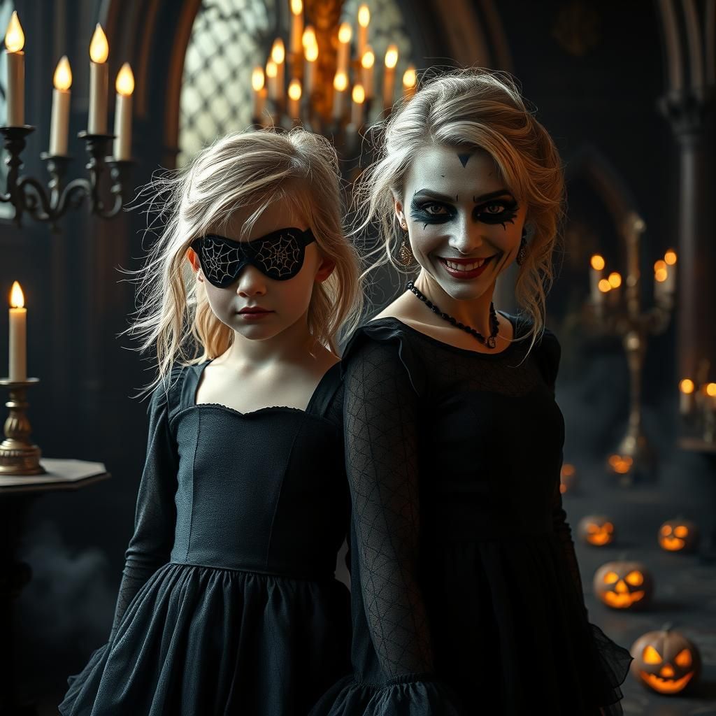 Halloween Portrait: Mother and Daughter in Haunted Castle
