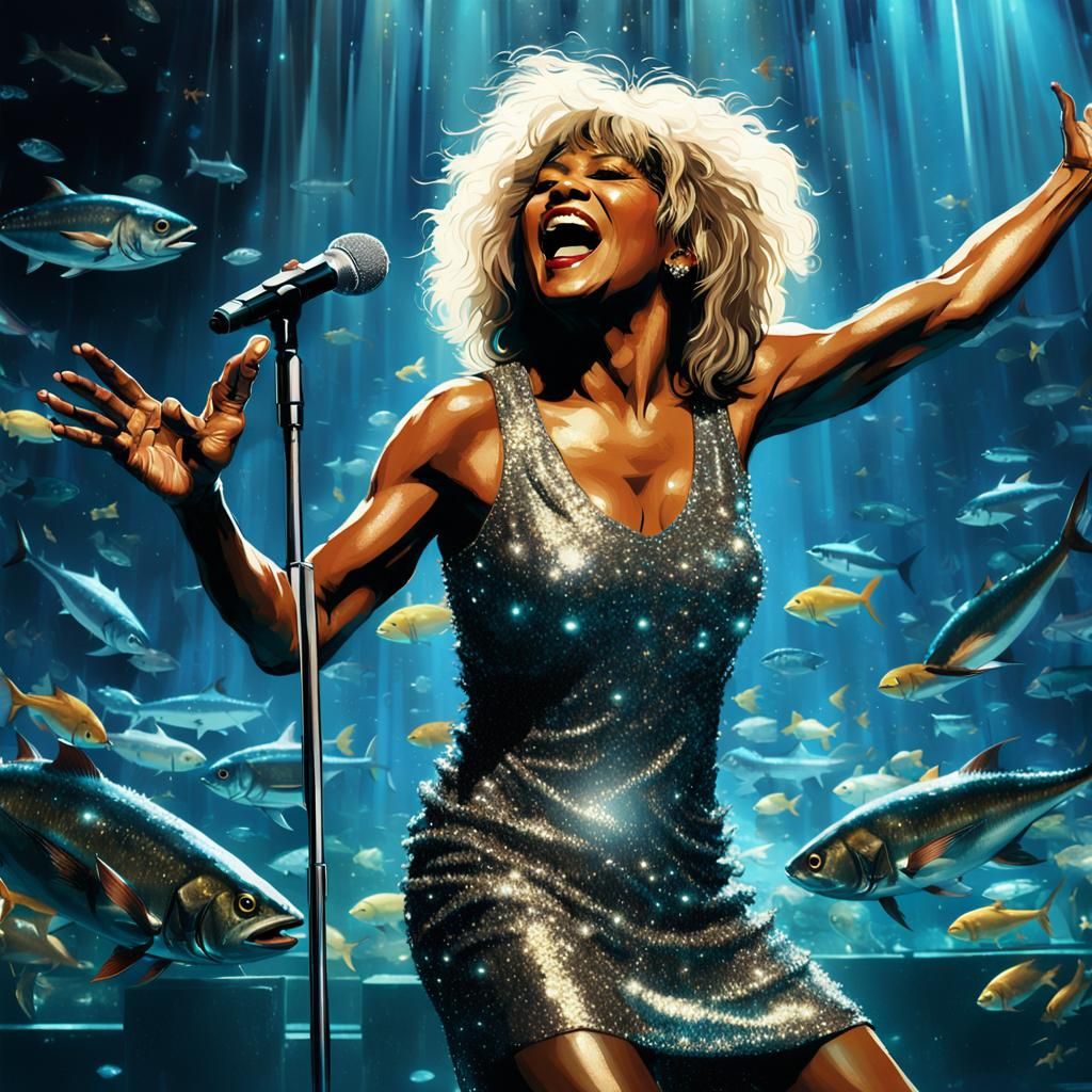 Singer on Stage with Aquarium, Splash Art Style