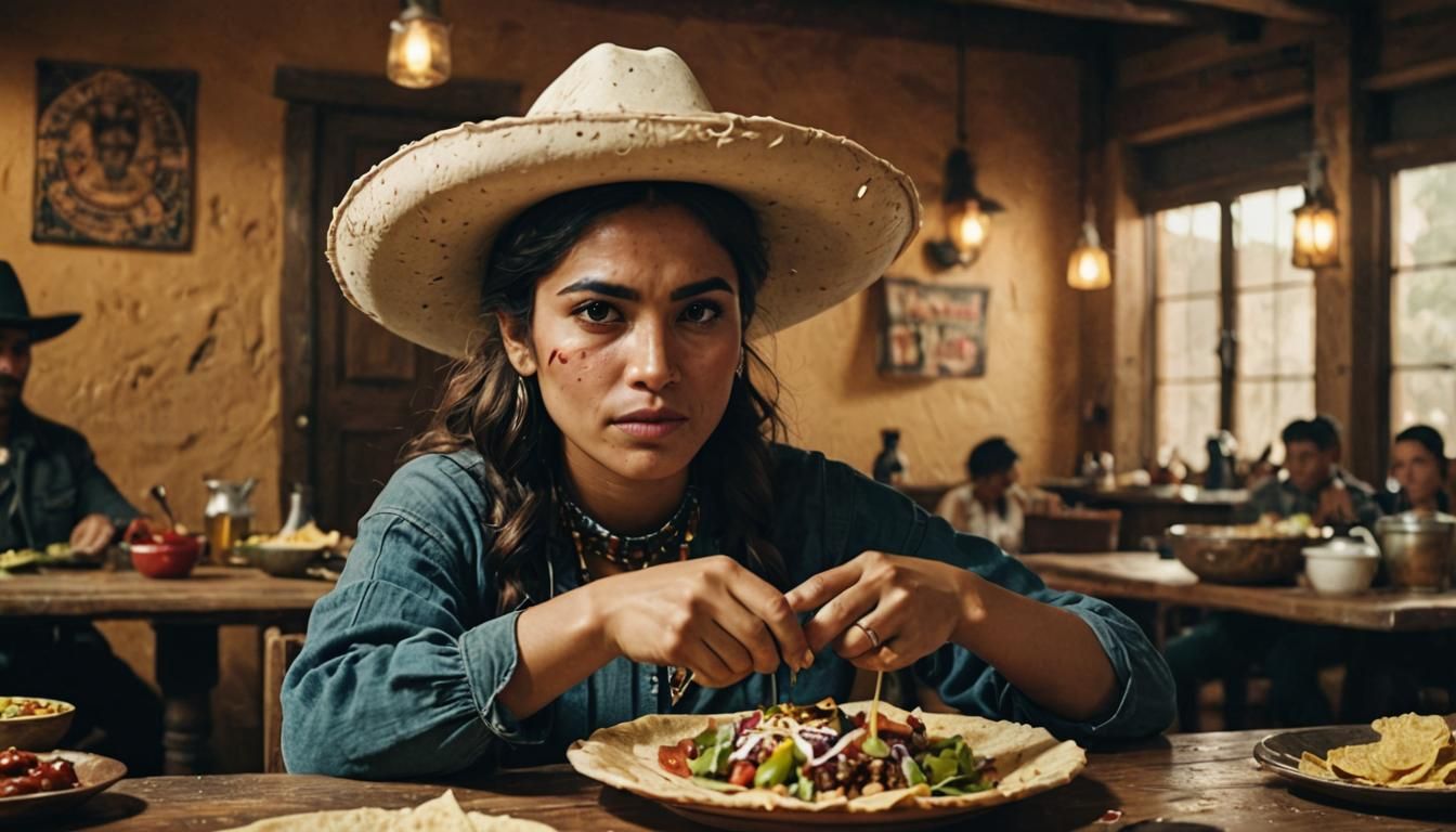 Mexican Bandit Eating Tortilla, Cinematic Portrait