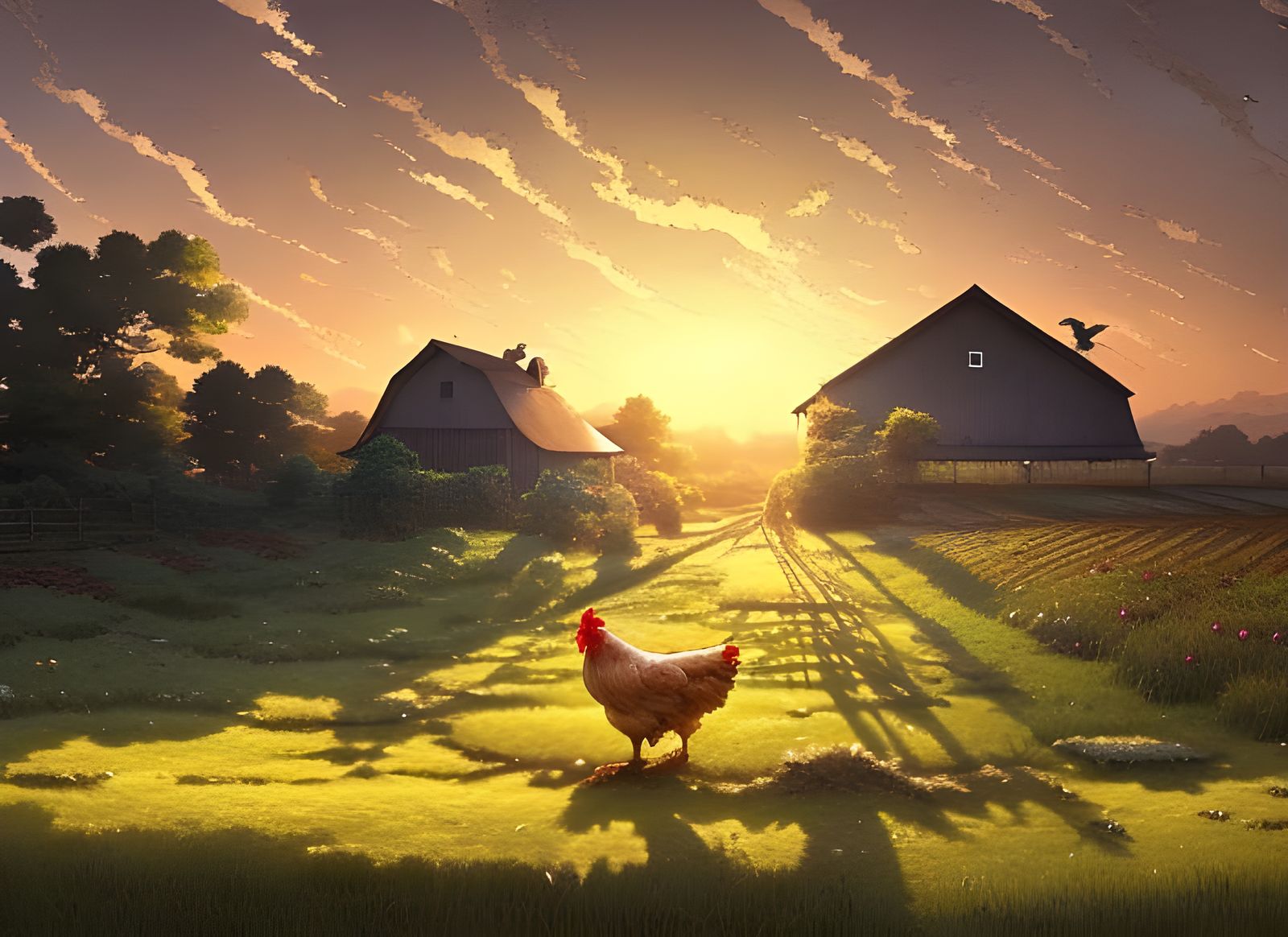 Picturesque Chicken Farm at Sunset in Anime Style