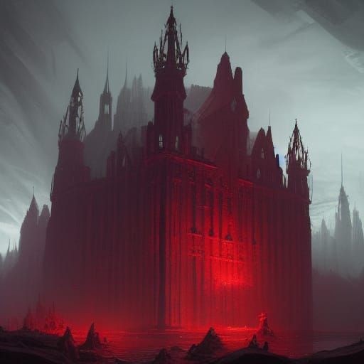 Menacing Red Castle Reflection in Dark Fantasy Style