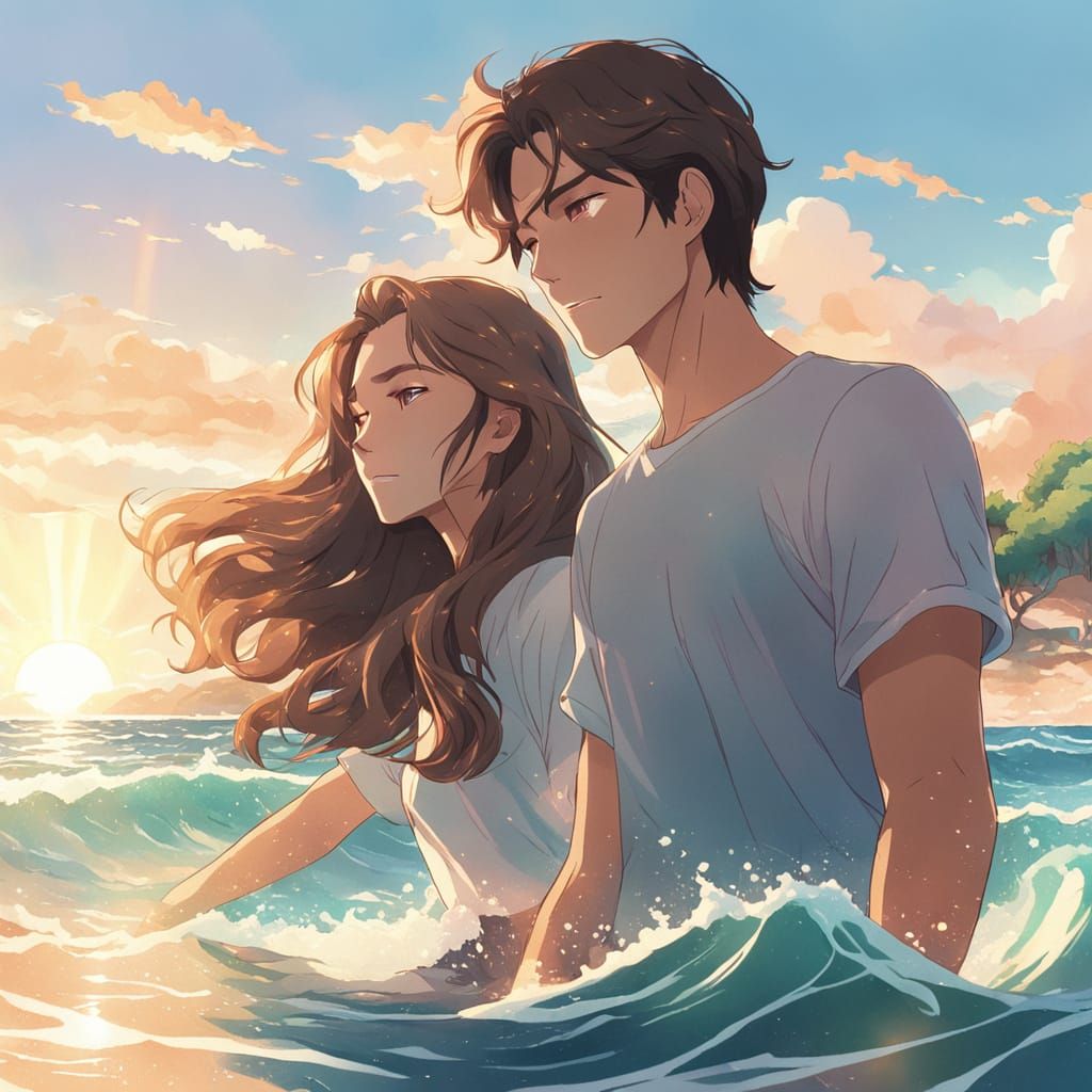 Teenage Couple Learns to Swim in a Vibrant Summer Scene