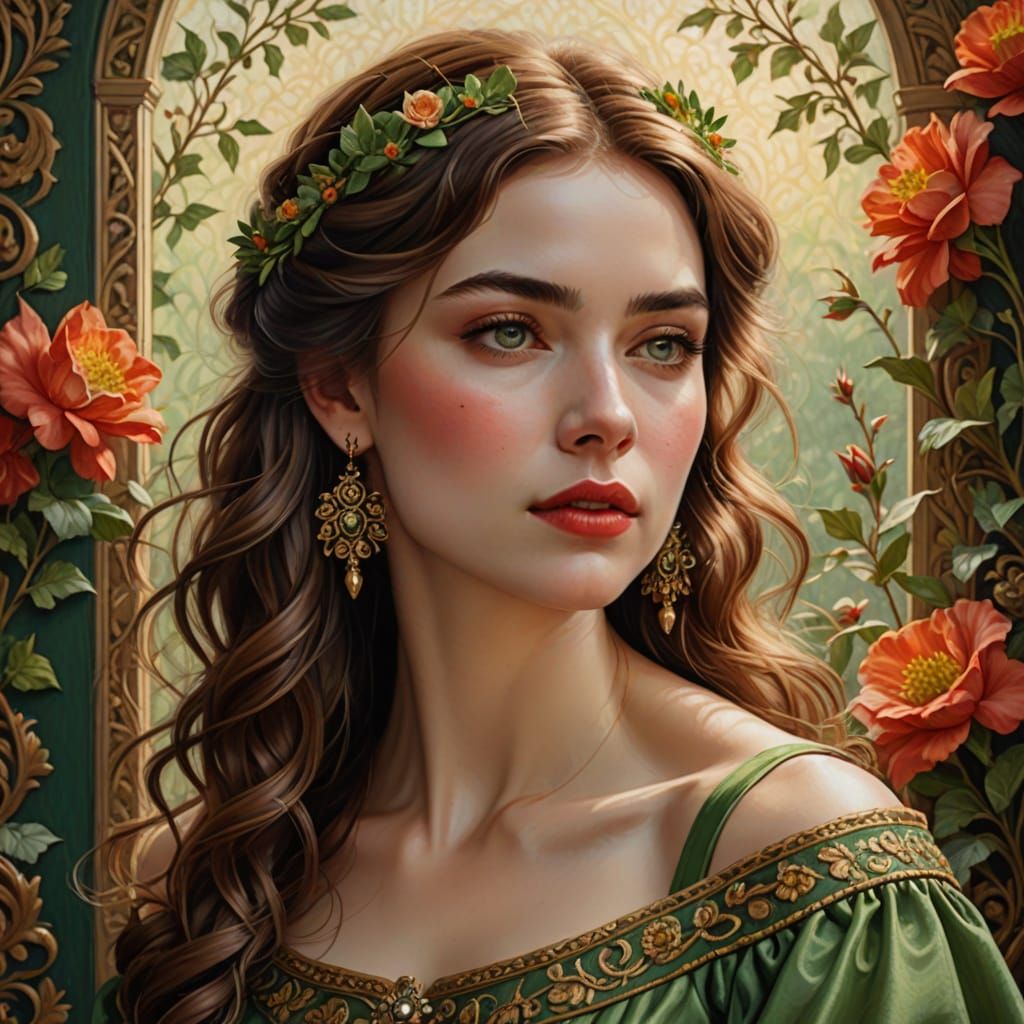 Elegant Young Woman in a Green Dress, Classical Realism Port...