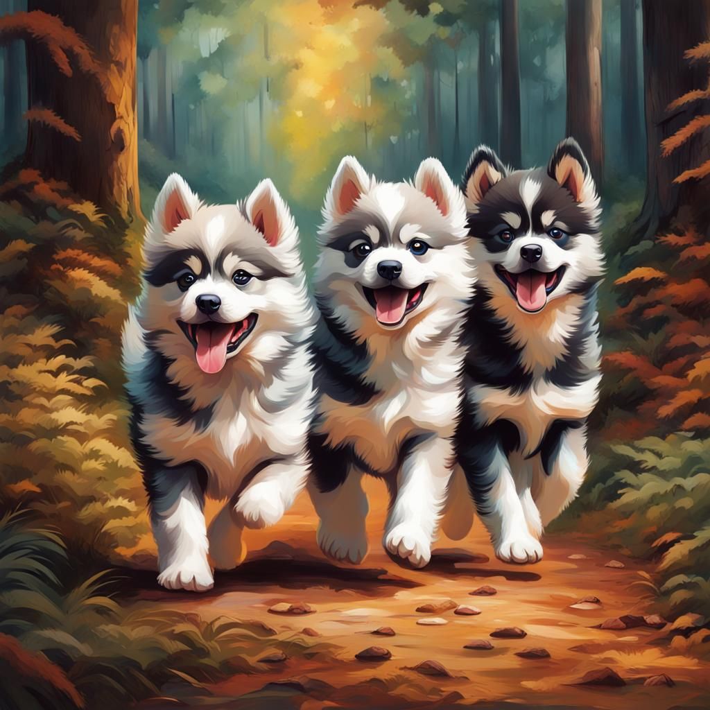 Three Pomsky Puppies in Hyperrealistic Forest Scene
