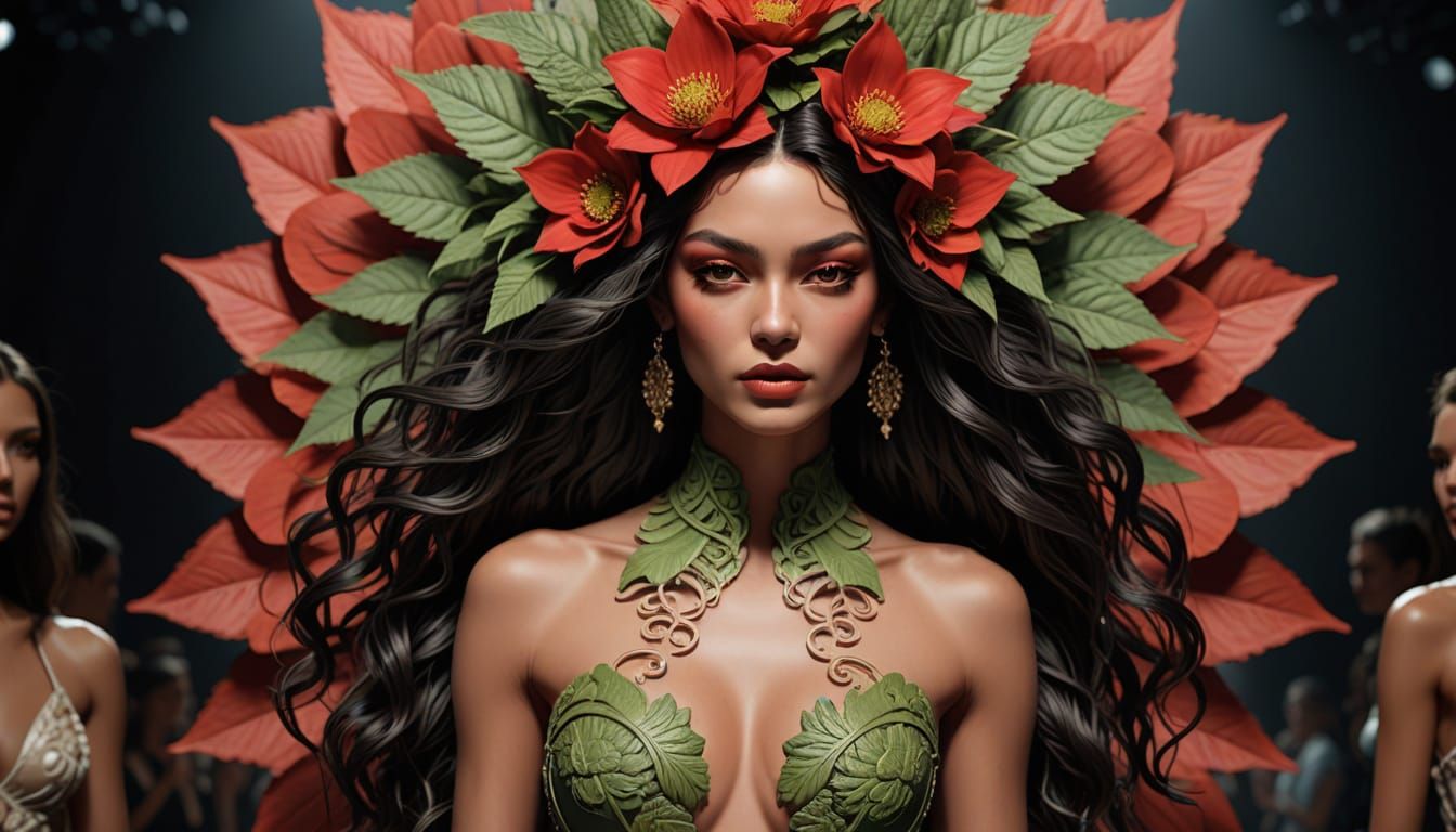 Photoshoot wide angle dynamic pose full body shoot At the fashion week on the podium Balmain Elite Super model wearing b...