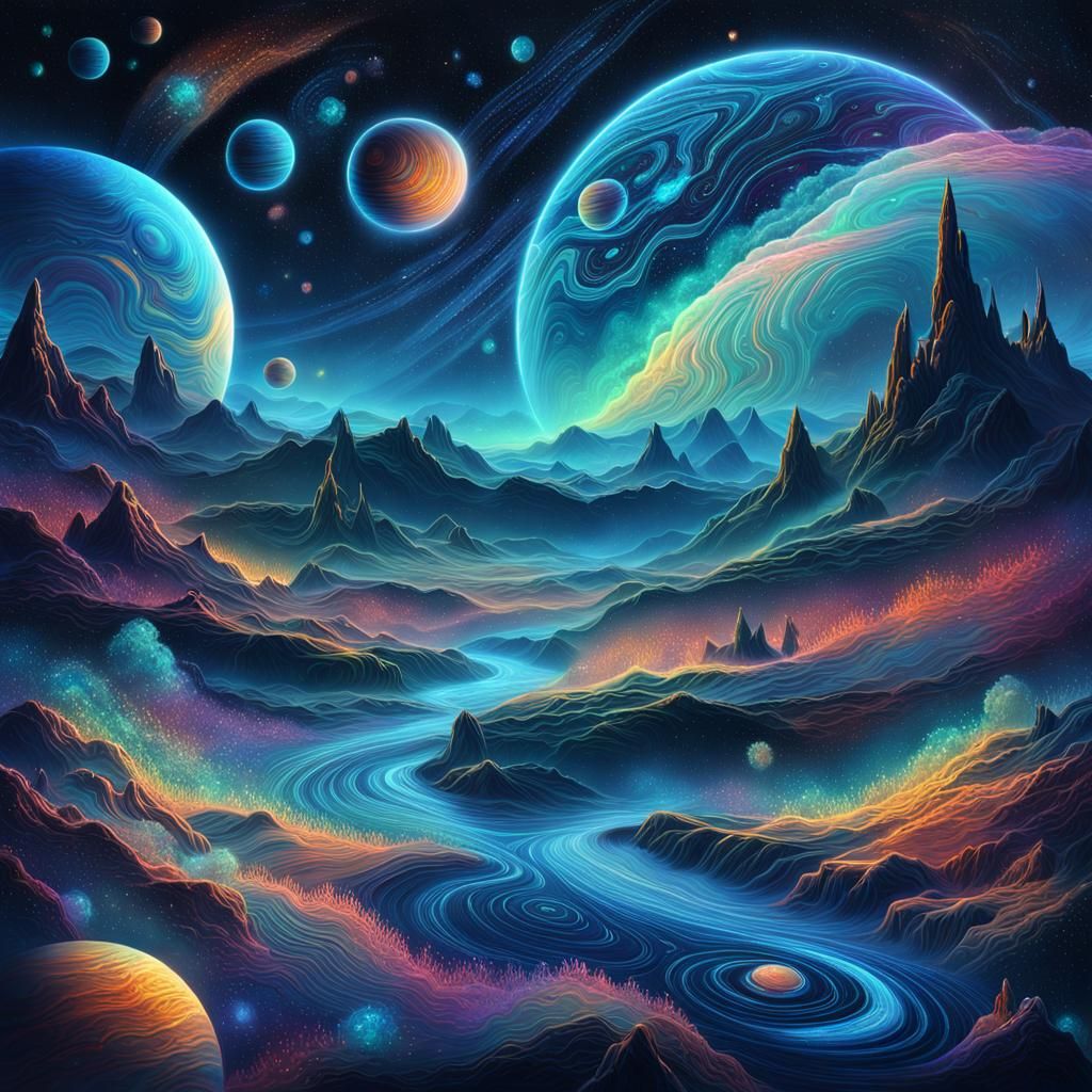 Holographic Astral Illustration with Bioluminescent Planets